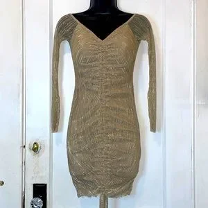 Gold metallic plisse ruched front bardot bodycon dress hotsell